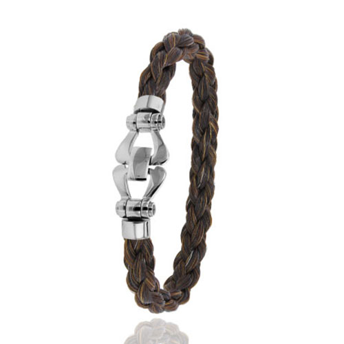 Albanu | Bracelet tressé en crin de cheval marron et fermoir « mords » en acier de la collection Equus.