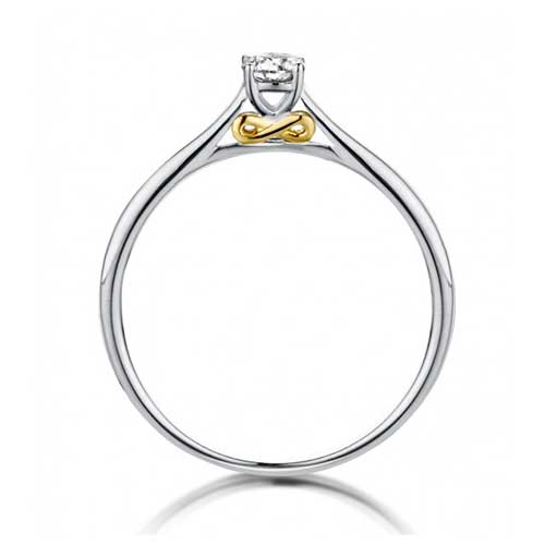 Dulci Nea |Solitaire diamant en or blanc 18 carats et détail symbole de l’infini en or jaune.