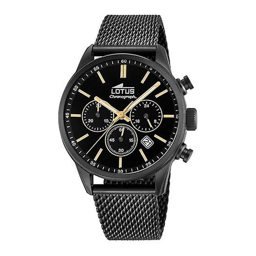 Lotus | Montre chronographe avec bracelet milanais en acier et PVD noir. Indexes et décors dorés. Mouvement à quartz. 