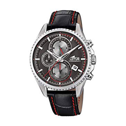 Lotus | Montre chronographe en acier, cadran noir et rouge, bracelet en cuir façon alligator noir surpiqué rouge. Mouvement à quartz.