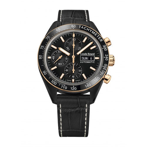Louis Erard | Montre chronographe de la gamme Sportive, boîte en acier et PVD noir, cuir façon alligator noir. Mouvement automatique ETA 7750 Valjoux (Réf. : 78109NB12.BDCR152).