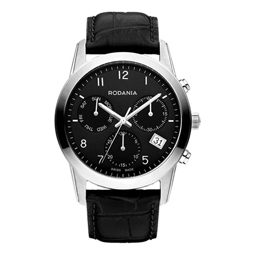 Rodania | Montre chronographe, cadran noir et bracelet façon alligator noir. Mouvement à quartz.