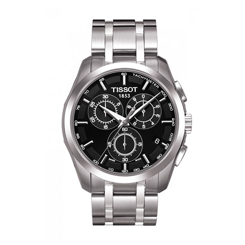 Tissot | Montre chronographe Couturier, cadran noir et bracelet acier. Mouvement à quartz de qualité suisse (Réf. : T035.617.11.051.00). 
